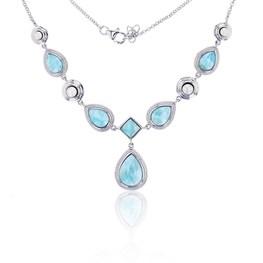 925 Sterling  Silver Pear & Square Larimar Pearl Necklace 17"+ 0.5"